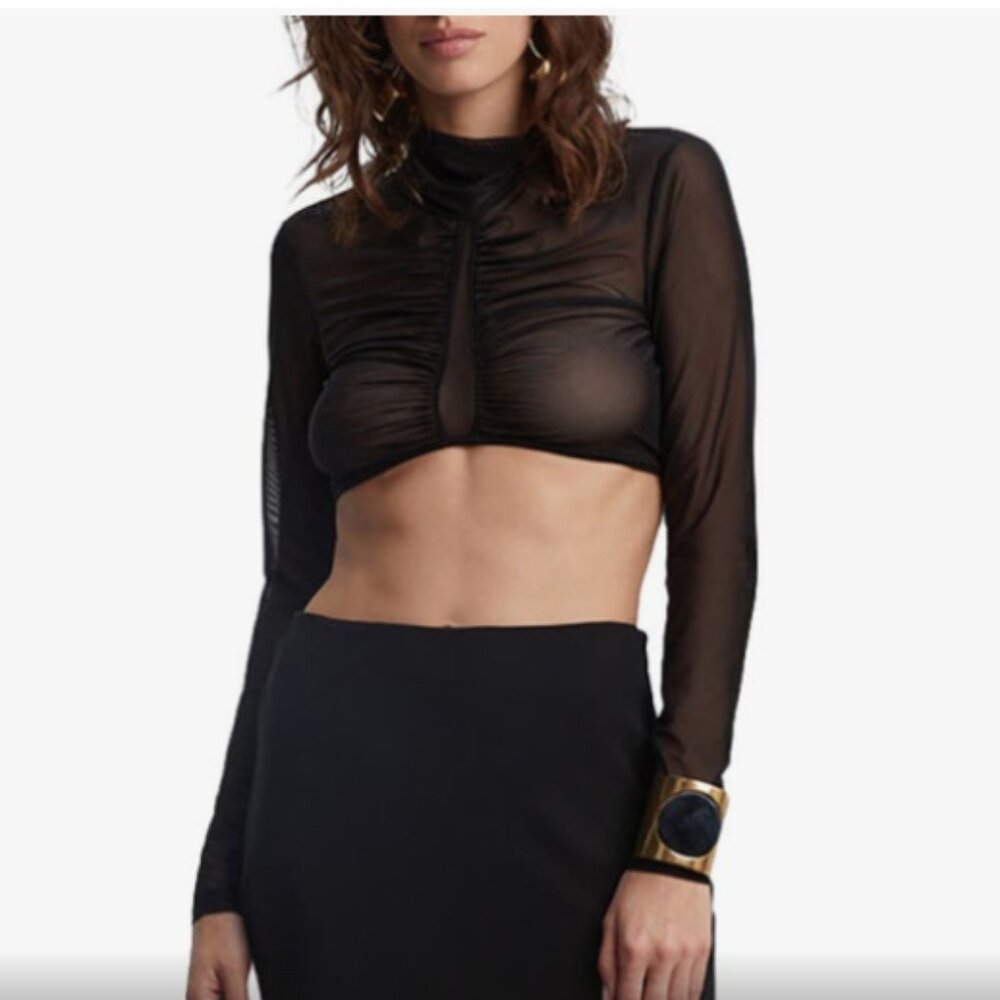 Bardot Alectra Ruched Open Back Mesh Crop Top in Black/NWT